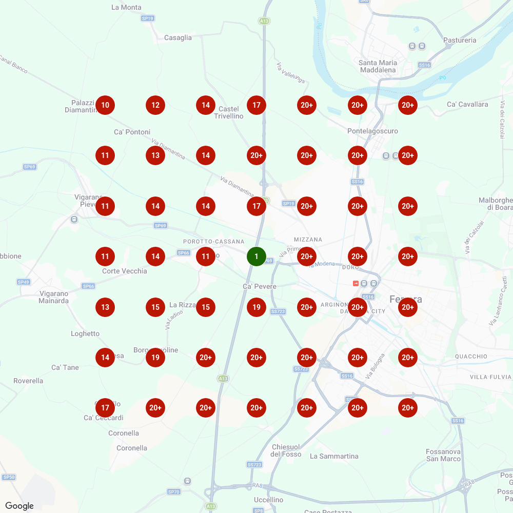 Mappa della zona: al centro il punto verde della palestra, tutt&rsquo;intorno decine di cerchi rossi con la posizione su Google, dal 10 al 20+.